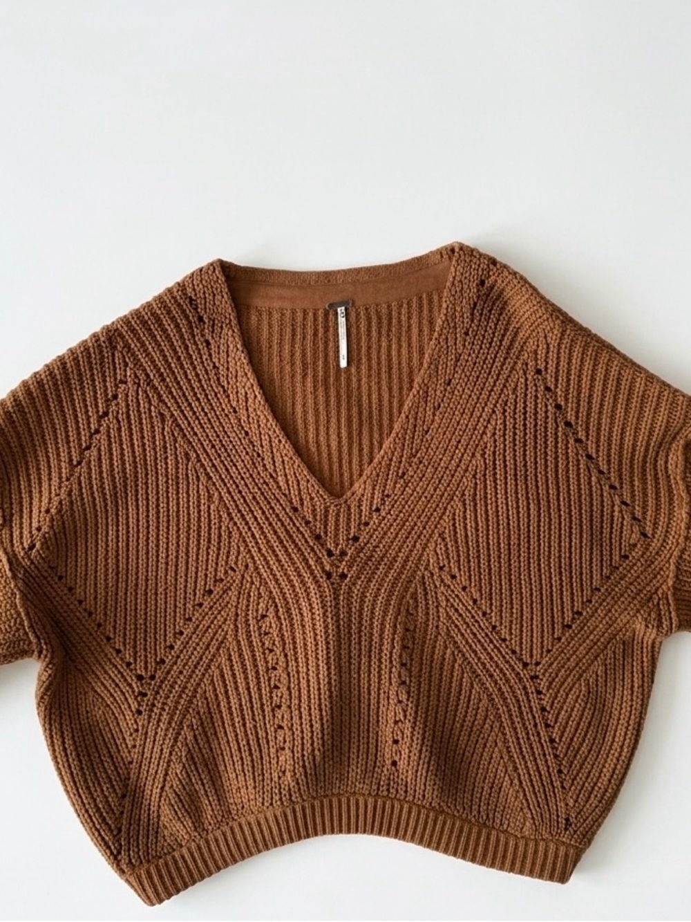 Free People Cropped V-Neck Open-Knit Sweater in Brown
